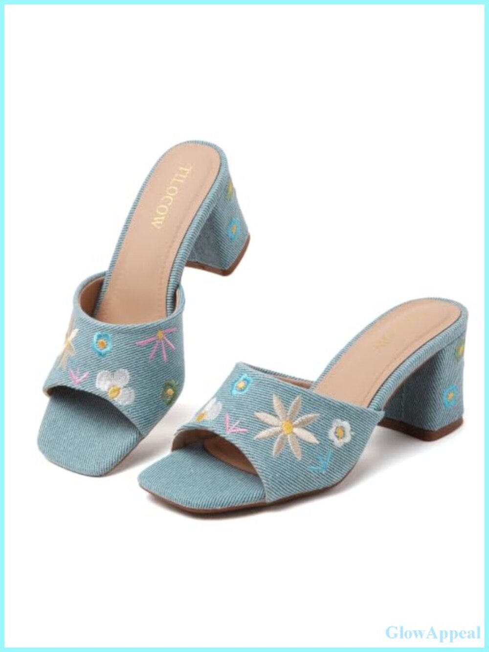 Women's Square Toe Slip On Mules Chunky Low Block Heel Sandals Boho Embroidered